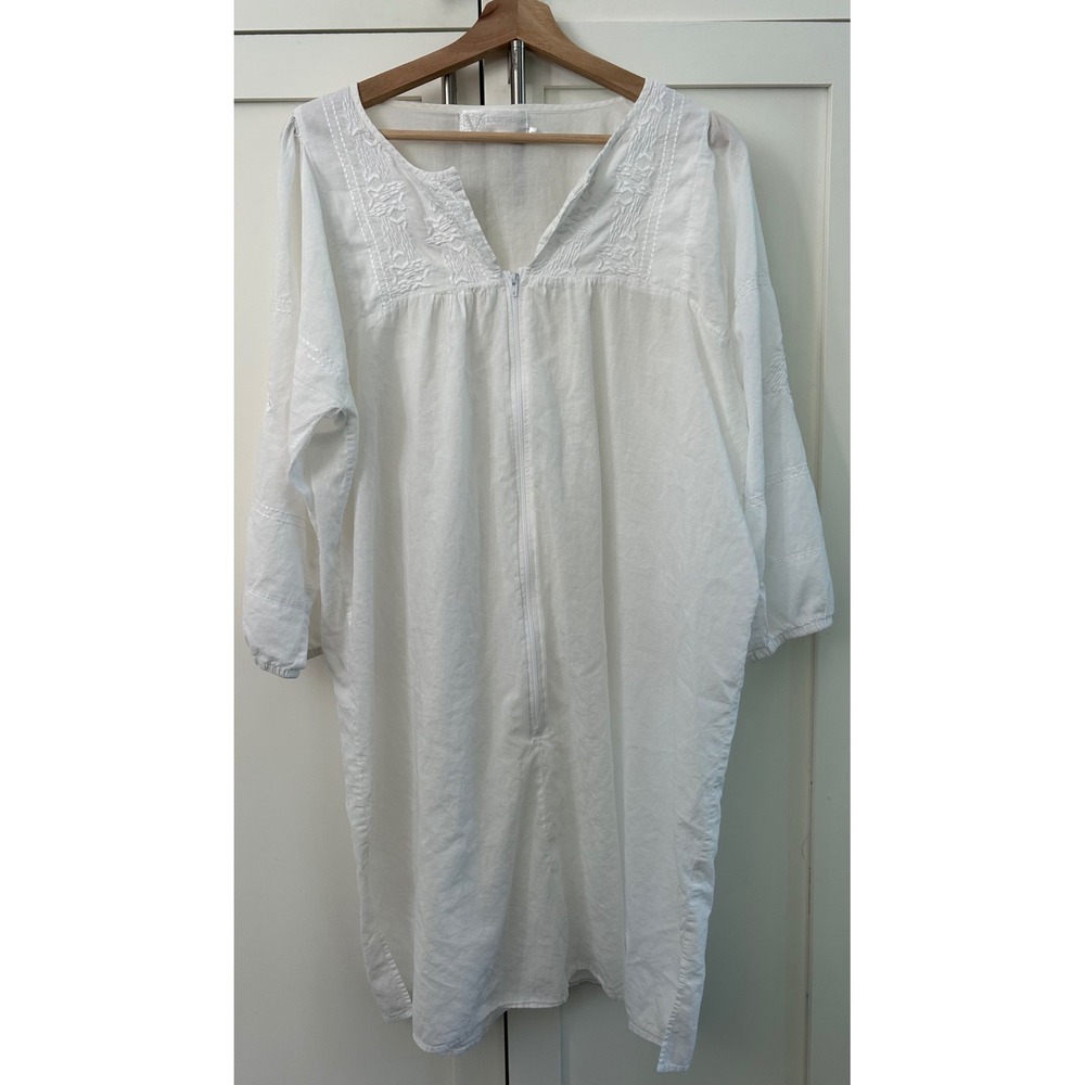 Victoriana Organic Cotton Kaftan Nightshirt White Embroidered Zip V-Neck XL Boho